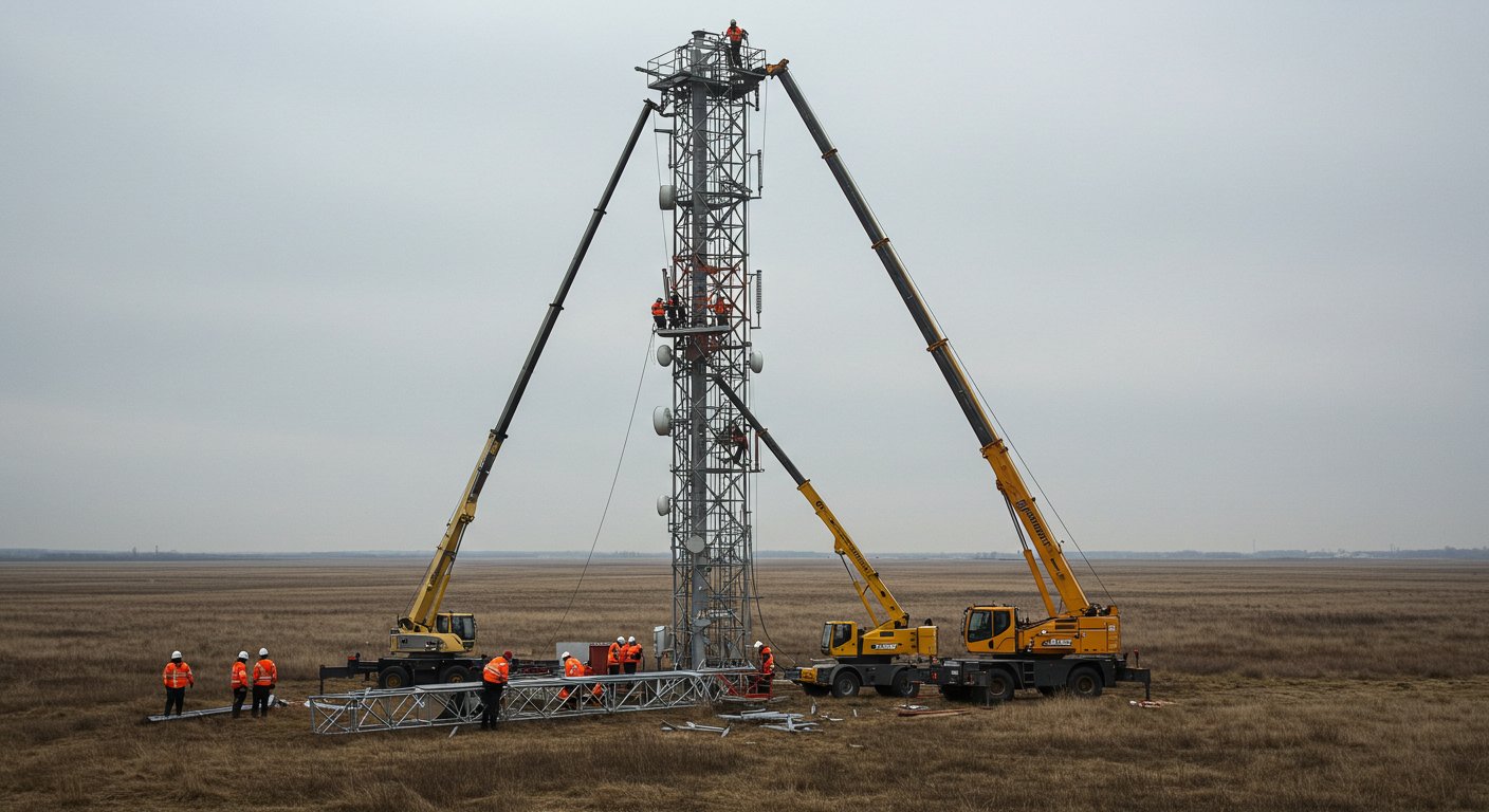 Демонтаж радиовещательной вышки с краном