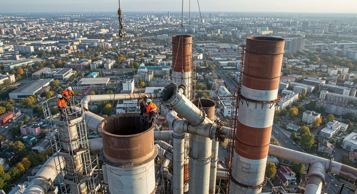 Демонтаж дымовой трубы на высотном здании