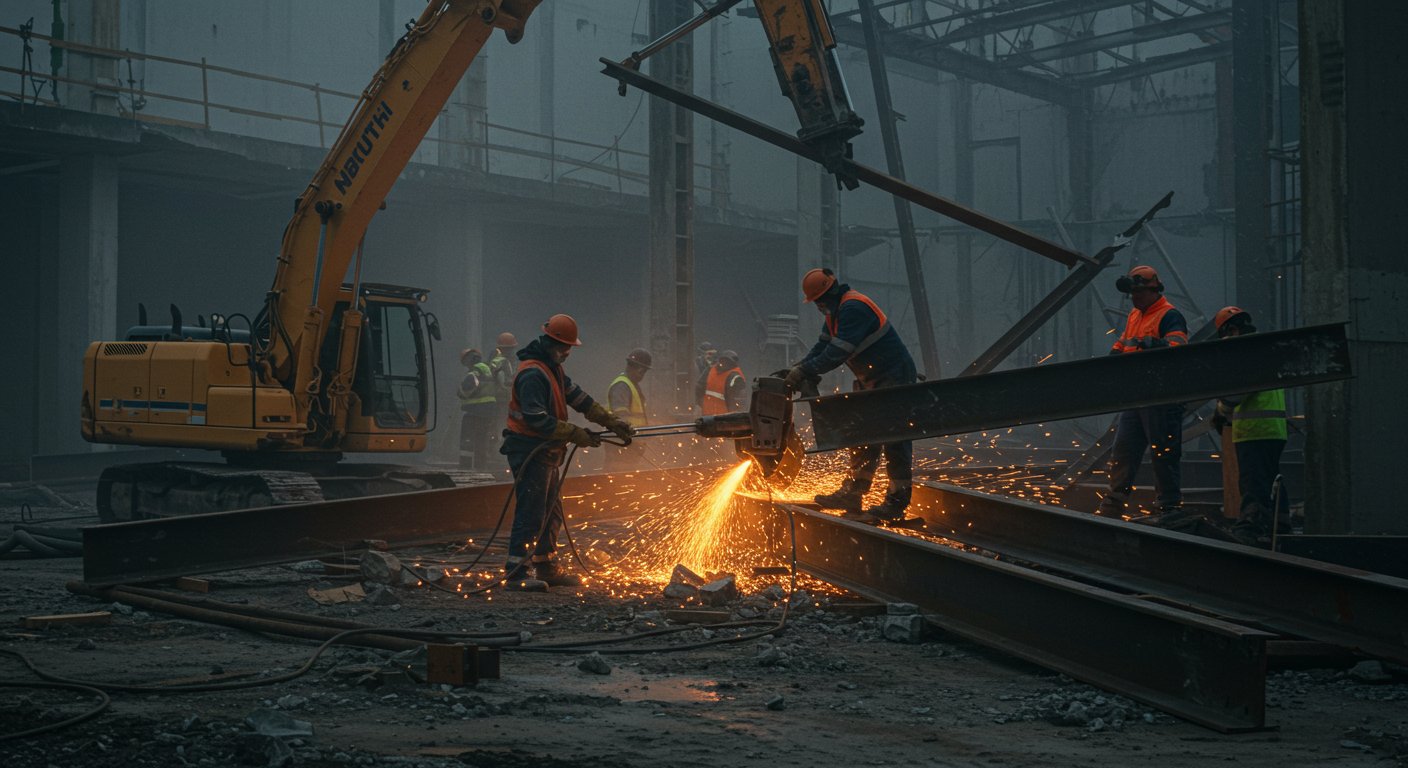 Демонтаж строительной металлоконструкции с использованием крана