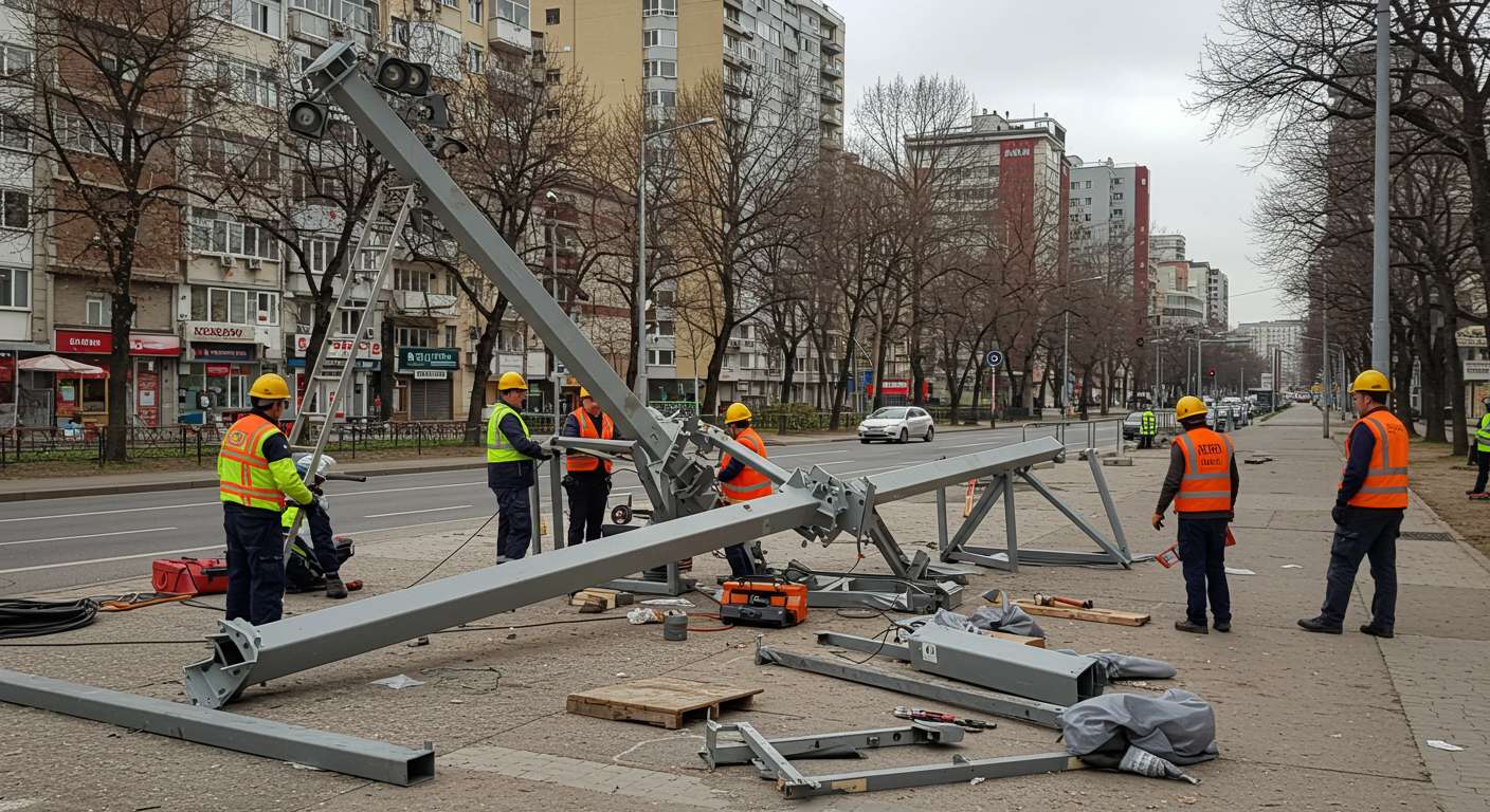 Демонтаж уличной вышки освещения