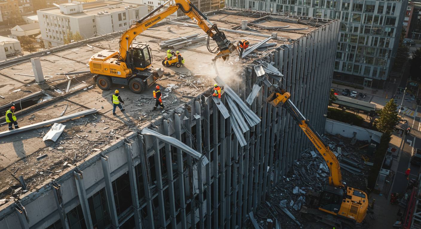 Демонтаж металлического фасада с подъемником