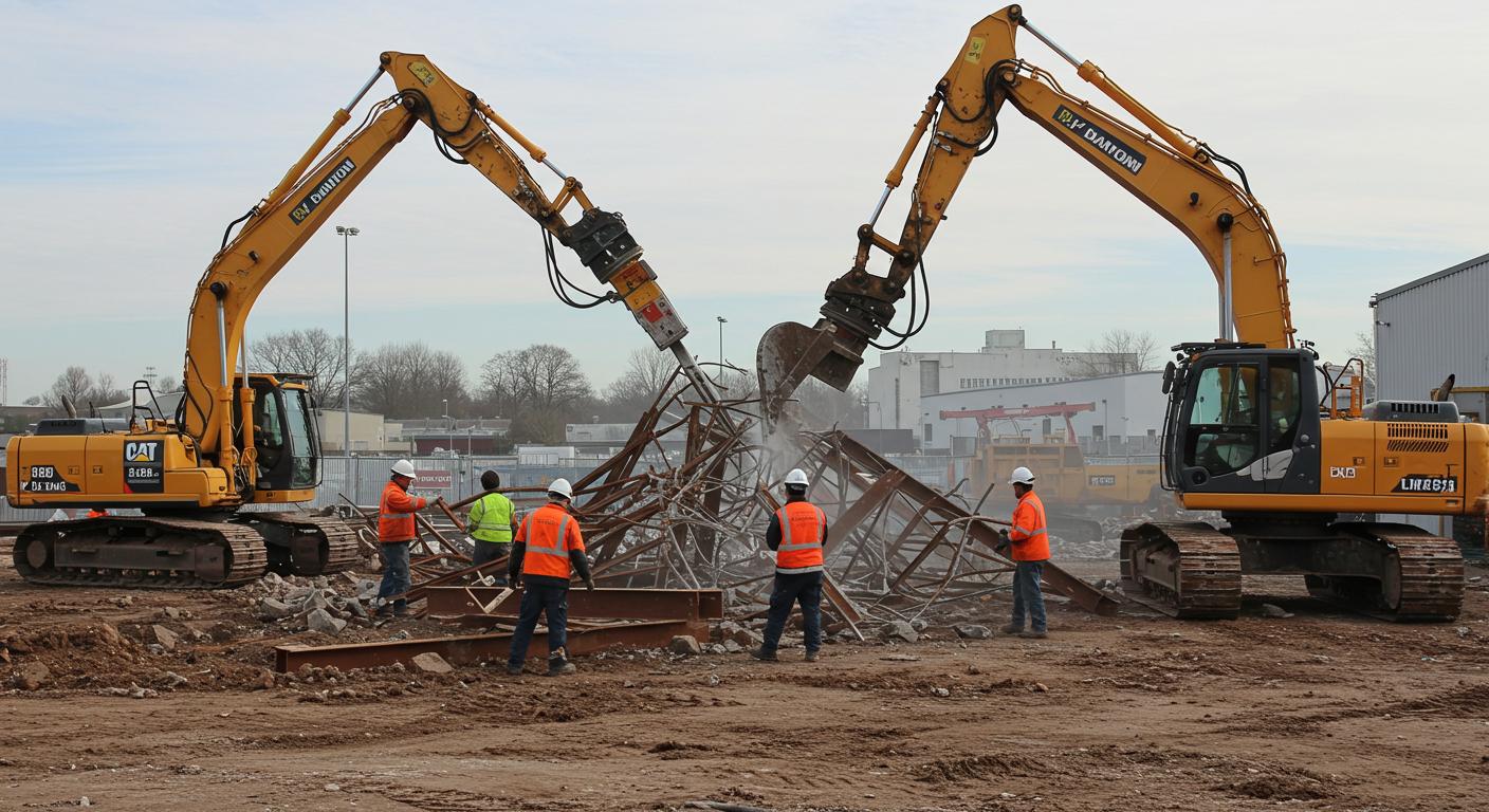 Демонтаж металлоконструкций спецтехникой Демонтаж металлоконструкций спецтехникой