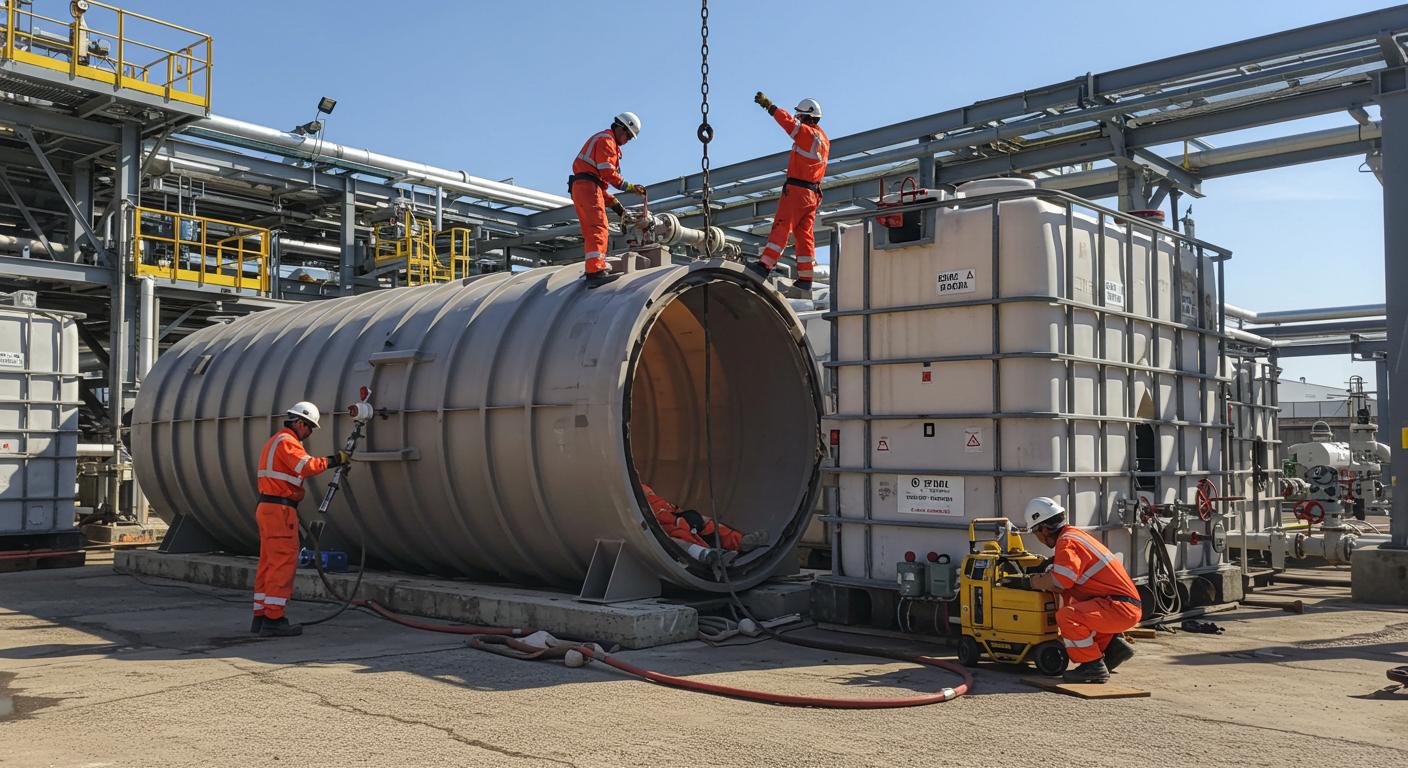 Демонтаж пластикового резервуара на нефтегазовом предприятии