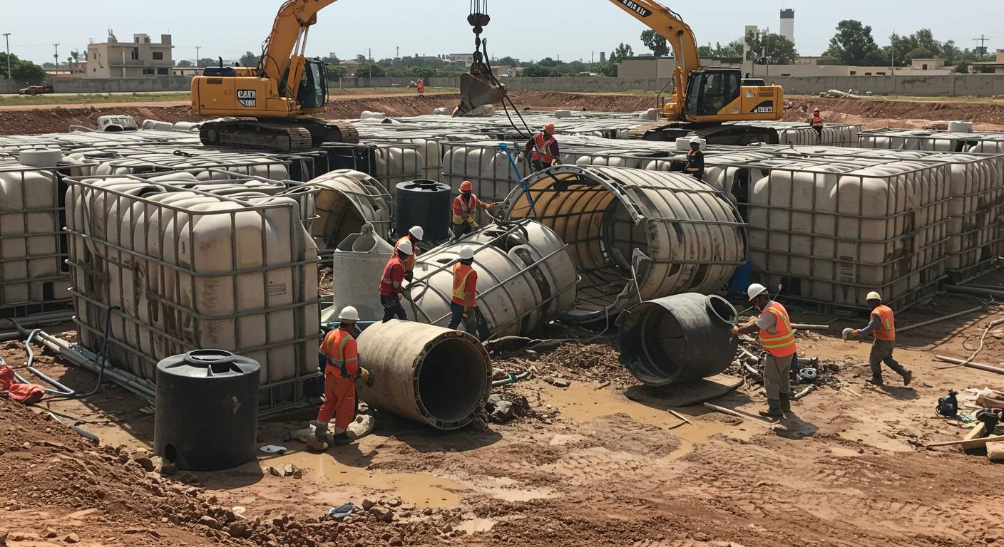 Демонтаж пластикового резервуара для водоснабжения
