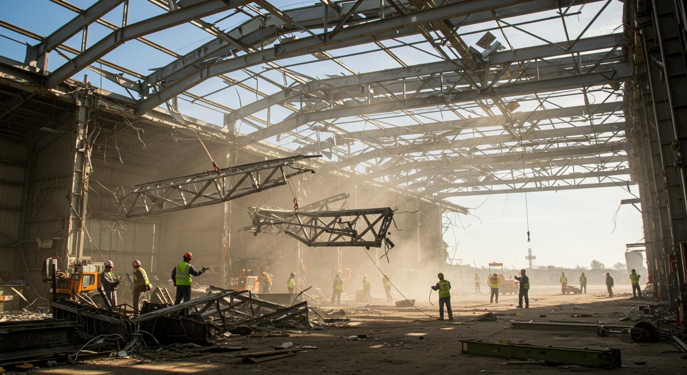 Демонтаж каркасного ангара с вывозом и утилизацией остатков конструкции