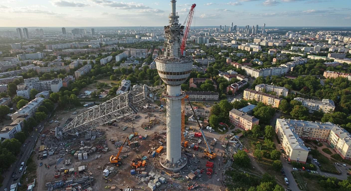 Демонтаж телевизионной вышки с использованием подъемной техники
