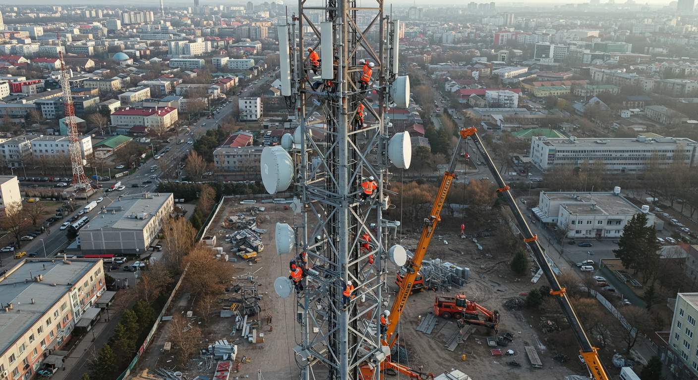 Демонтаж телеком-вышки с использованием крана и подъемника